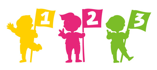 1位から3位の順位フラッグを持っている子供達のシルエット