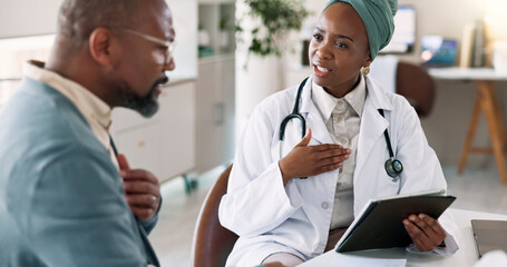 Man, sick or doctor with tablet for healthcare, consulting or bronchitis diagnosis in hospital....