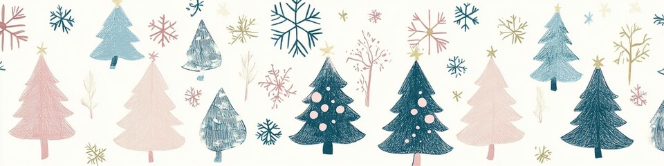Fototapeta premium Winter pattern with various stylized trees and snowflakes.
