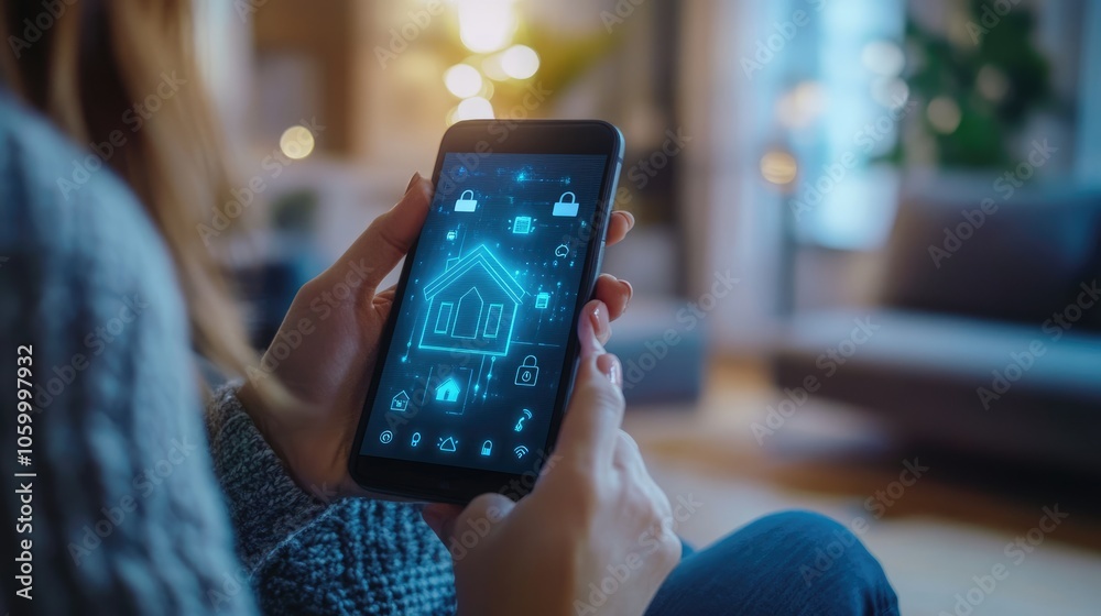 Poster exploring smart home technology a user interacting with a mobile device for home automation