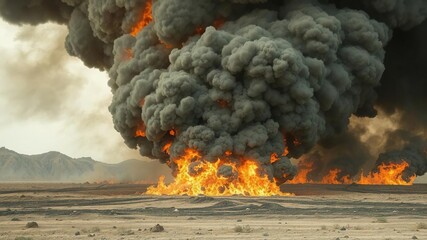 Massive fire tornado swirling through a burning landscape with thick black smoke billowing into the sky, inferno, flames, blazing