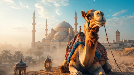 Naklejka premium Camel Silhouetted Against a Mosque at Sunset