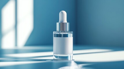 Sleek serum bottle, white background, reflective surface, minimal label, soft and crisp effect.