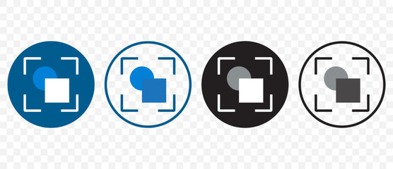 Scanner Icon Set Featuring Four Variants in Blue and Black Designs. Blue and Black Circular Designs Incorporating Square and Circle Elements in a Focused Frame for Scanning or Recognition Functions
