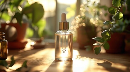 Transparent serum bottle, wooden surface, soft sunlight, white label, modern and natural.