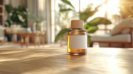 Transparent serum bottle, wooden surface, soft sunlight, white label, modern and natural.