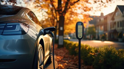 Electric car charging in autumn