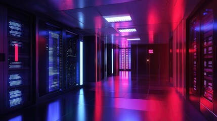 Exploring the futuristic aesthetics of a neon-lit data center a glimpse into advanced technology environments