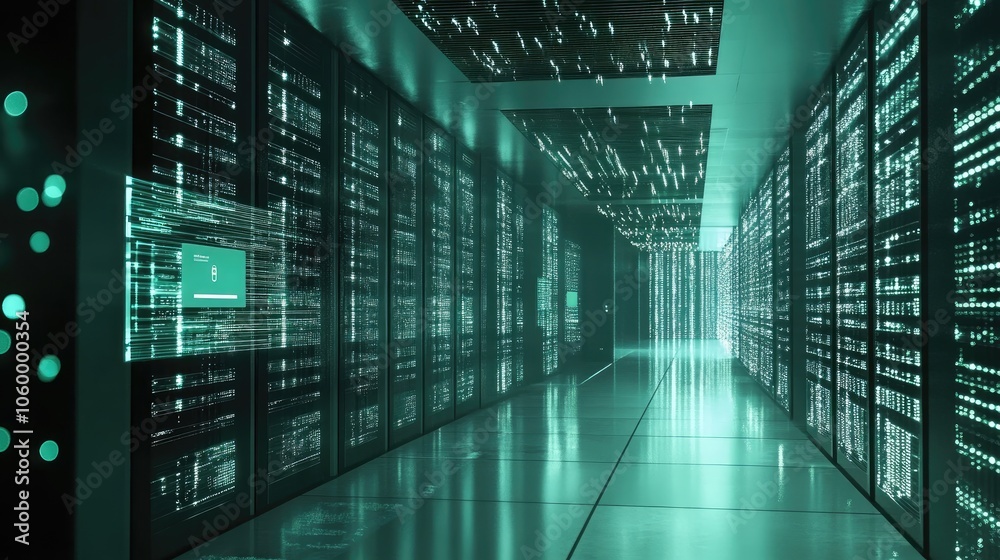 Poster exploring the future of data management in a high-tech server environment with advanced connectivity