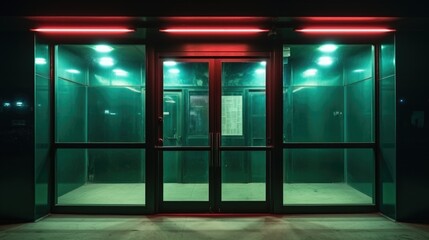 Neon green doors at night