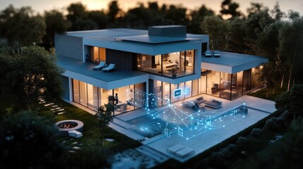 Fototapeta premium Modern smart home with innovative technology integration in a serene natural setting