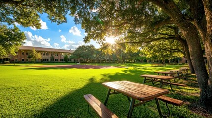 Naklejka premium A serene afternoon in nature embracing tranquility in a sunlit park scene with spacious green lawn and inviting picnic tables under shady trees