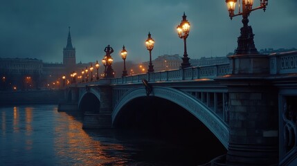 Fototapeta premium A historic bridge stretching across a river, lit by ornate street lamps.