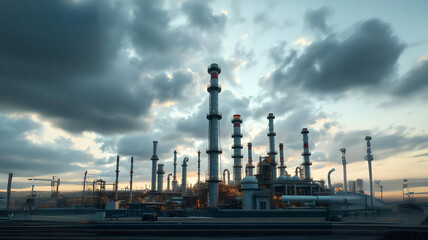 Industrial view at oil refinery plant form industry zone with cloudy sky Futurism, Octane render ,Innovative, Modern