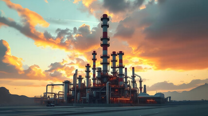 Industrial view at oil refinery plant form industry zone with cloudy sky Futurism, Octane render ,Innovative, Modern