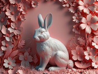Obraz premium 3d art wallpaper abstract of white floral rabbit decor, colorful rabbit and colorful background. 