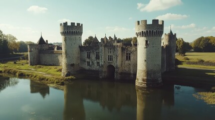 Obraz premium A medieval castle surrounded by a moat, complete with watchtowers and a drawbridge.