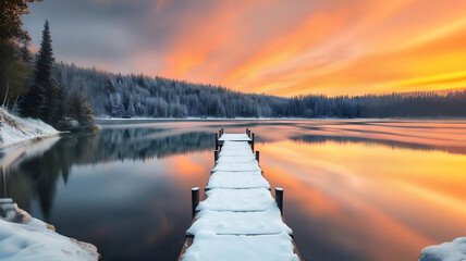 Scenic winter landscape of calm lake with wooden pier covered with snow and coniferous forest reflected in water in sunset time Nature photography, HD photography, Beautiful landscape