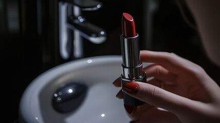 Close-up of a woman applying red lipstick in a modern setting