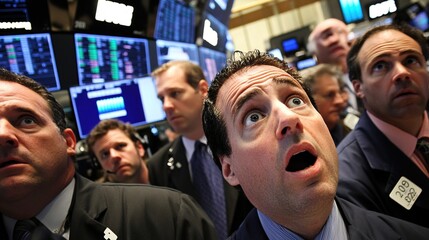 Obraz premium Traders in a bustling financial hub, eyes glued to screens, conveying the tense atmosphere of market volatility and the high stakes of trading.
