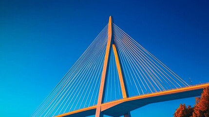 Obraz premium Minimalist view of bridge cables against a clear blue sky, soft morning light, precise lines and angles, balanced composition, capturing the elegance of engineering with simplicity