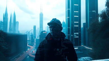 Engineer and futuristic cityscape double exposure in dark blue tones With copy space Futurism, Octane render, Innovative, Modern