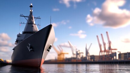 Fototapeta premium A large ship docked at a harbor, surrounded by cranes and blue skies, showcasing maritime industry and logistics.