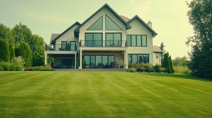 A modern suburban house with a manicured lawn, large porch, and expansive windows.