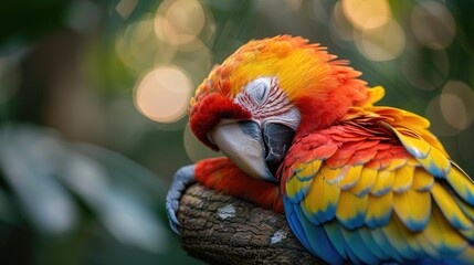 Obraz premium Vibrant Parrot Perched on Branch with Colorful Feathers and Soft Bokeh Background