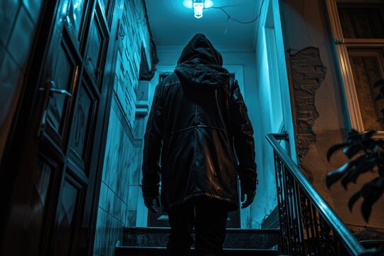 Person walking up stairs in a dark hallway