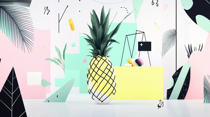 Bright, retro pop art scene with playful pineapples and pills, blending club tropicana vibes in a bold, mint green and pink color scheme