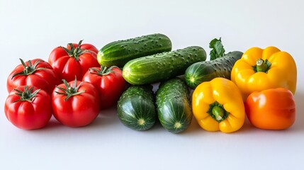 A colorful assortment of locally grown organic vegetables, including tomatoes, bell peppers, and cucumbers, freshly harvested, isolated on a white background
