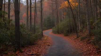 Fototapeta premium Winding road through a misty autumn forest with colorful leaves.