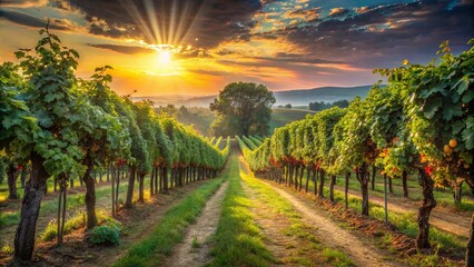 Fototapeta premium Sun-drenched Vines Leading Towards a Distant Horizon, Golden Hour Illuminating the Path Through Lush Greenery