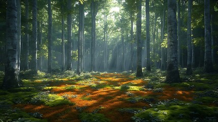 Obraz premium A path through a dense forest with sunlight streaming through the trees, illuminating the mossy ground.