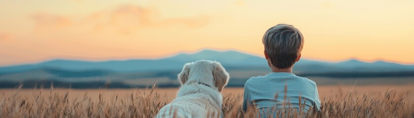 Fototapeta premium A child lying in a meadow with a dog by their side, looking at the sky, symbolizing comfort and well-being