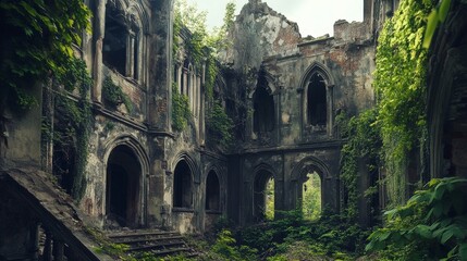 Fototapeta premium A crumbling palace, its grandeur fading as the walls collapse and ivy overtakes the structure.