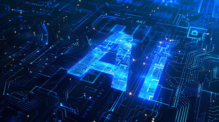 Blue background with large, bold letters spelling out AI. The AI uses digital patterns and lines that give it a stock look