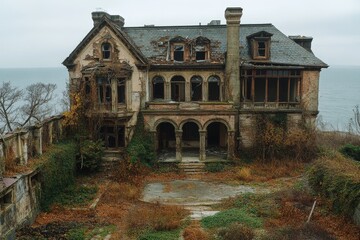 Obraz premium A decaying mansion by the sea, with saltwater damage and overgrown gardens taking over the once-luxurious estate.