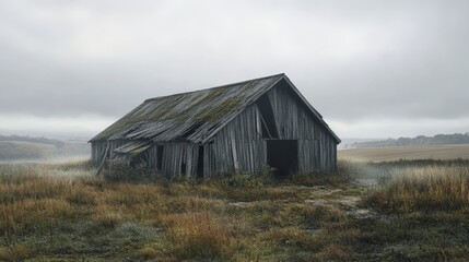 Obraz premium A derelict barn in the middle of an open field, its roof collapsing and the structure slowly falling apart.