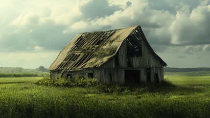 Obraz premium A derelict barn in the middle of an open field, its roof collapsing and the structure slowly falling apart.