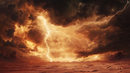Obraz premium A desert landscape during a lightning storm, with bolts striking the horizon and clouds swirling above.