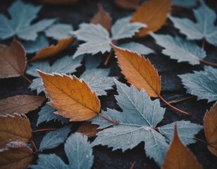 Obraz premium Beautiful icy frozen leaves on a cold winter morning