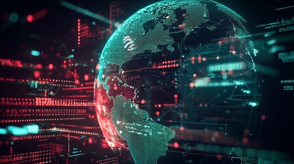 Obraz premium A digital globe with an Earth map and data points, surrounded by glowing lines of code