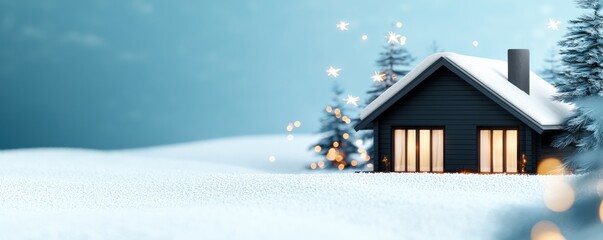 Naklejka premium Cozy winter retreat a charming snow-covered house surrounded by sparkling trees in a tranquil landscape of serenity