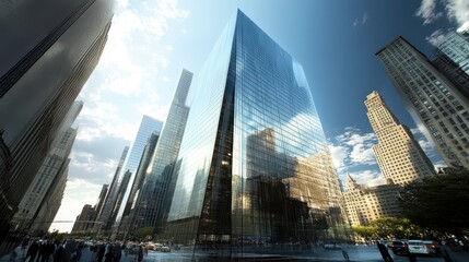 An ultra-modern glass skyscraper reflecting the busy city around it.
