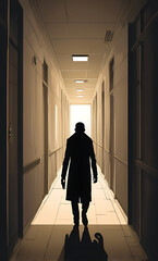 Fototapeta premium Illustration of a Shadowed Figure in a Long Hallway, Highlighting Isolation and Inner Turmoil