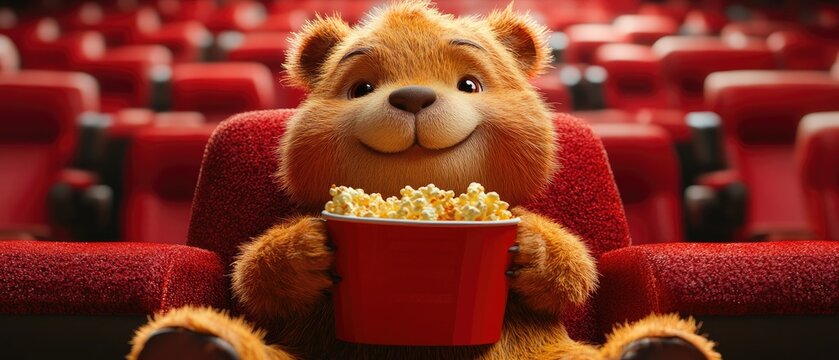 A cute teddy bear sits in a movie theater seat, happily enjoying a bucket of popcorn.