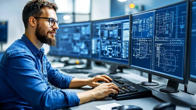 A man in a blue shirt sits at a desk in an office and works on multiple computer monitors