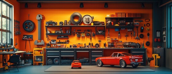 A well-organized garage with a workbench, tools, and a red sports car.